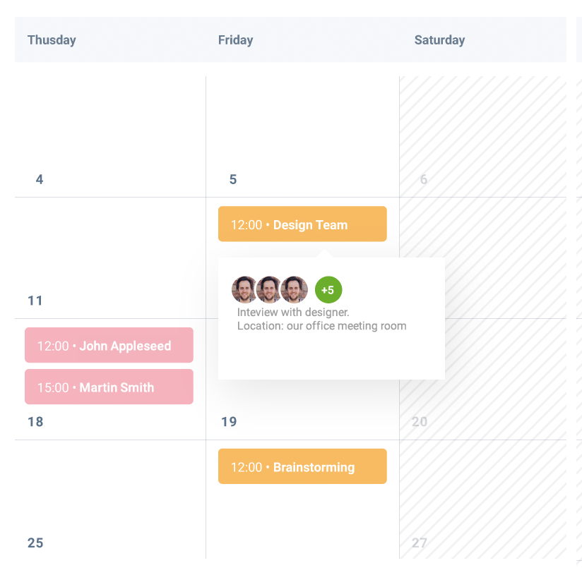 Calendar interface with interviews scheduled